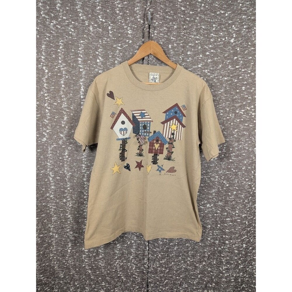 Vintage Alore‎ USA Birdhouse Graphic T-Shirt Tan Crew Sz Large Made USA